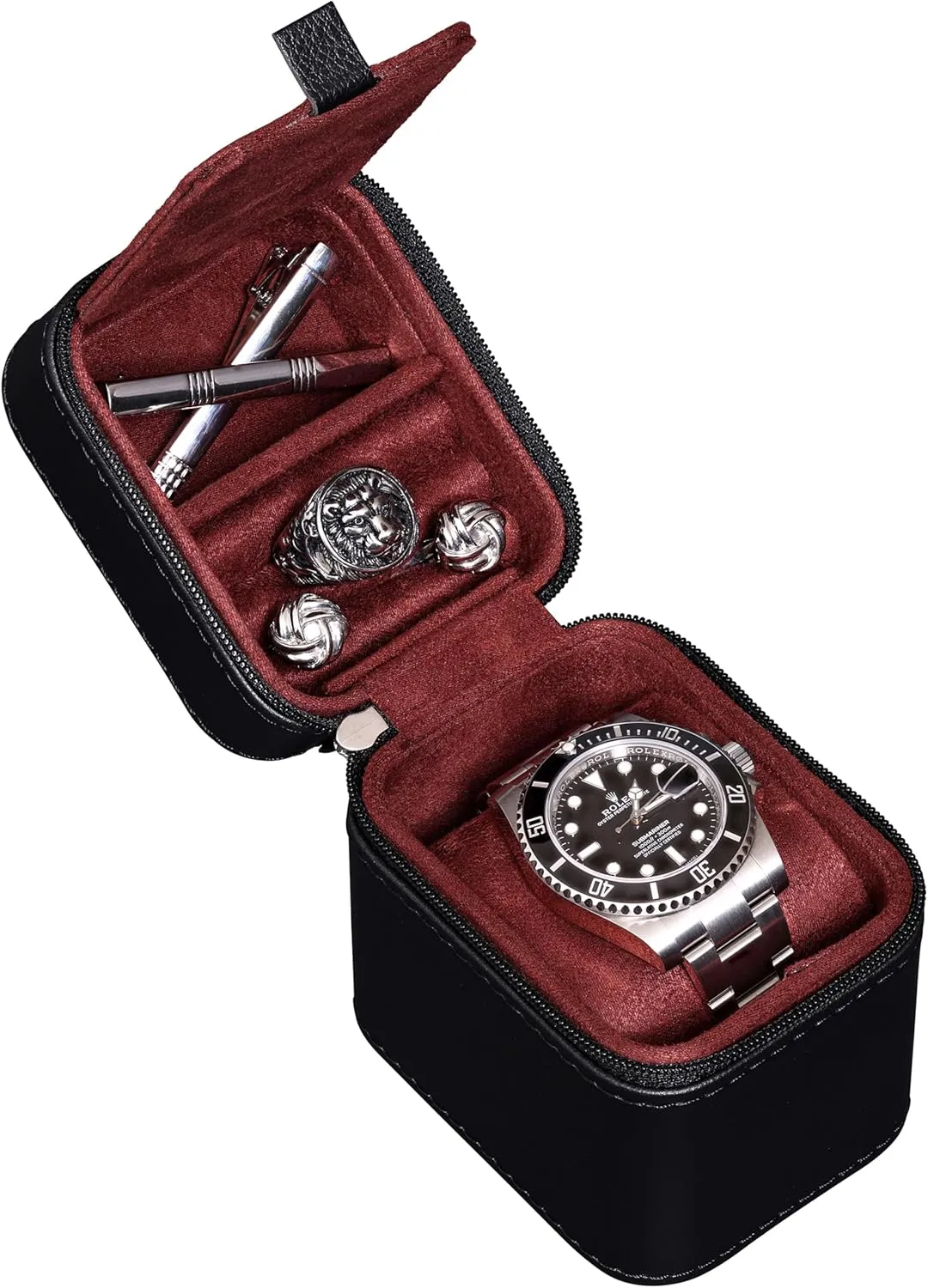ROTHWELL Single Watch Travel Case with Accessory Compartment | Compact PU Leather Protective Box, Microsuede Interior | Fits Watches & Smartwatches Up to 55mm | Accessory Lid for Jewelry(Black/Red)
