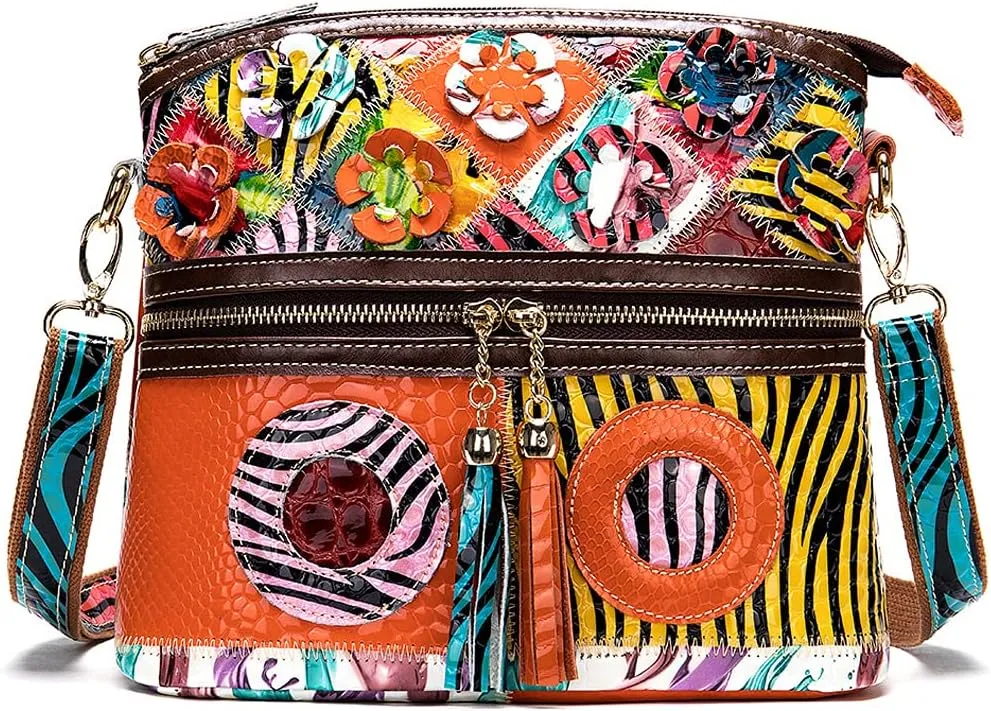 ROUROU Shoulder Bag for Women Genuine Leather Crossbody Bag Multi Color Patchwork Handbag Satchel Retro Purse with Tassel
