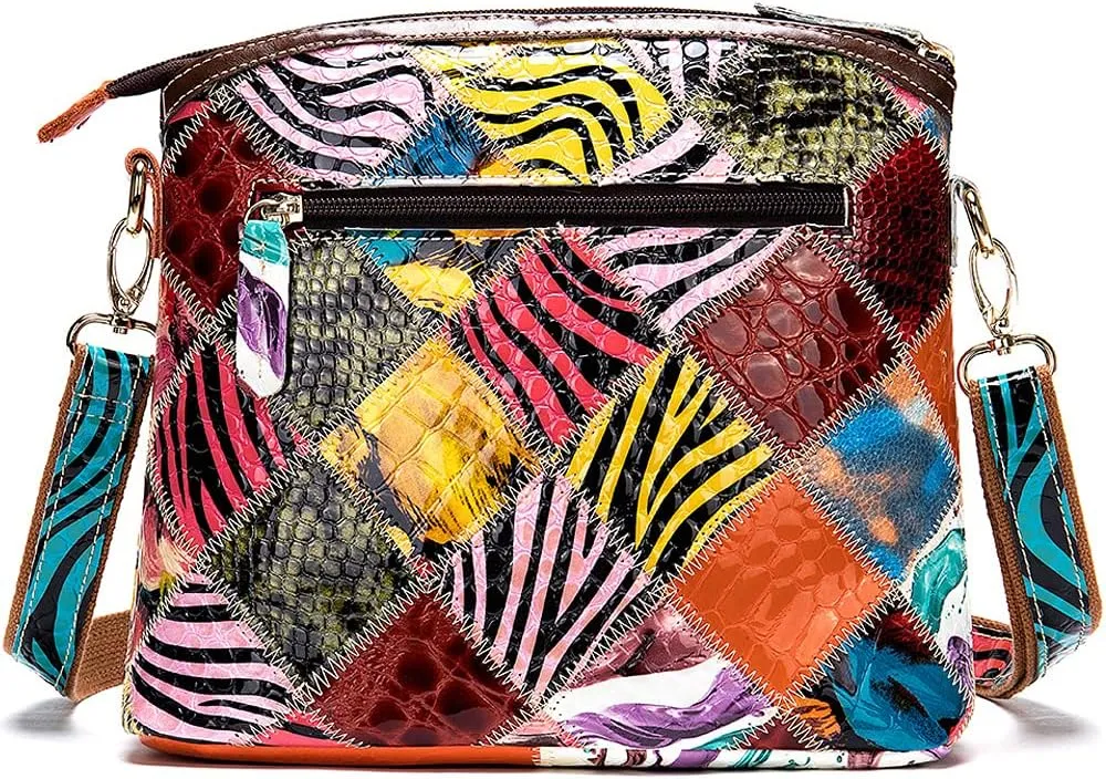 ROUROU Shoulder Bag for Women Genuine Leather Crossbody Bag Multi Color Patchwork Handbag Satchel Retro Purse with Tassel