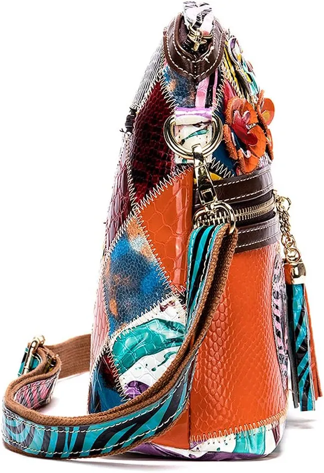 ROUROU Shoulder Bag for Women Genuine Leather Crossbody Bag Multi Color Patchwork Handbag Satchel Retro Purse with Tassel
