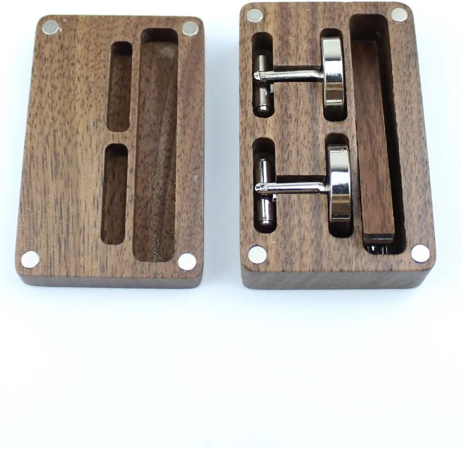 Rustic Black Walnut Wooden Round Cufflinks Tie Clips With Organizer Box for Men