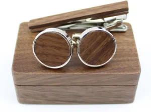 Rustic Black Walnut Wooden Round Cufflinks Tie Clips With Organizer Box for Men