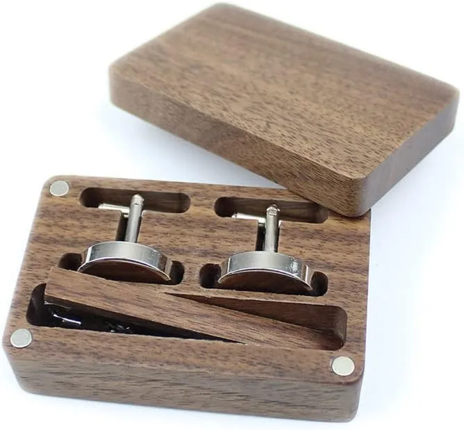 Rustic Black Walnut Wooden Round Cufflinks Tie Clips With Organizer Box for Men