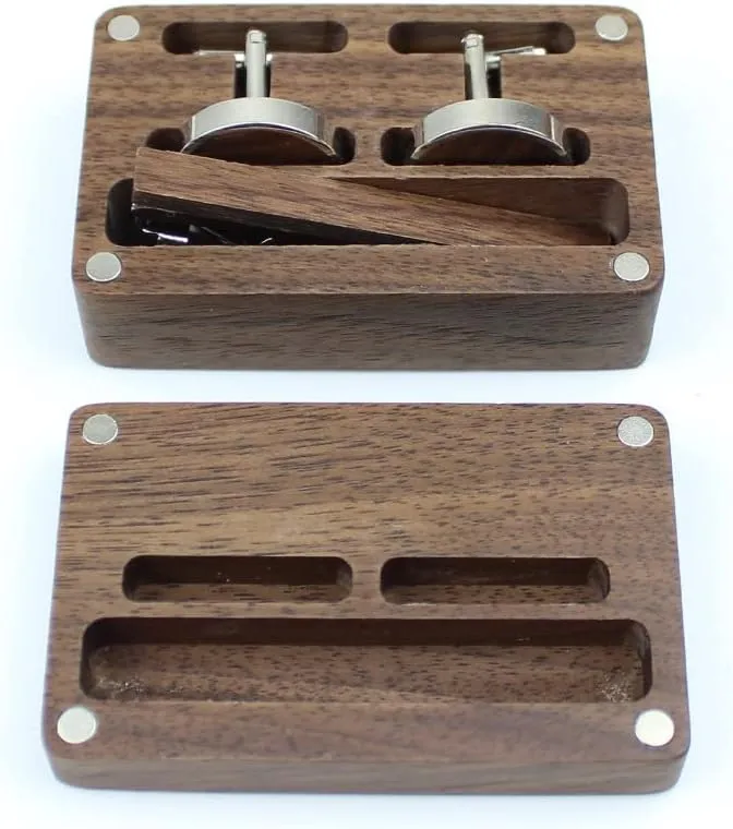 Rustic Black Walnut Wooden Round Cufflinks Tie Clips With Organizer Box for Men