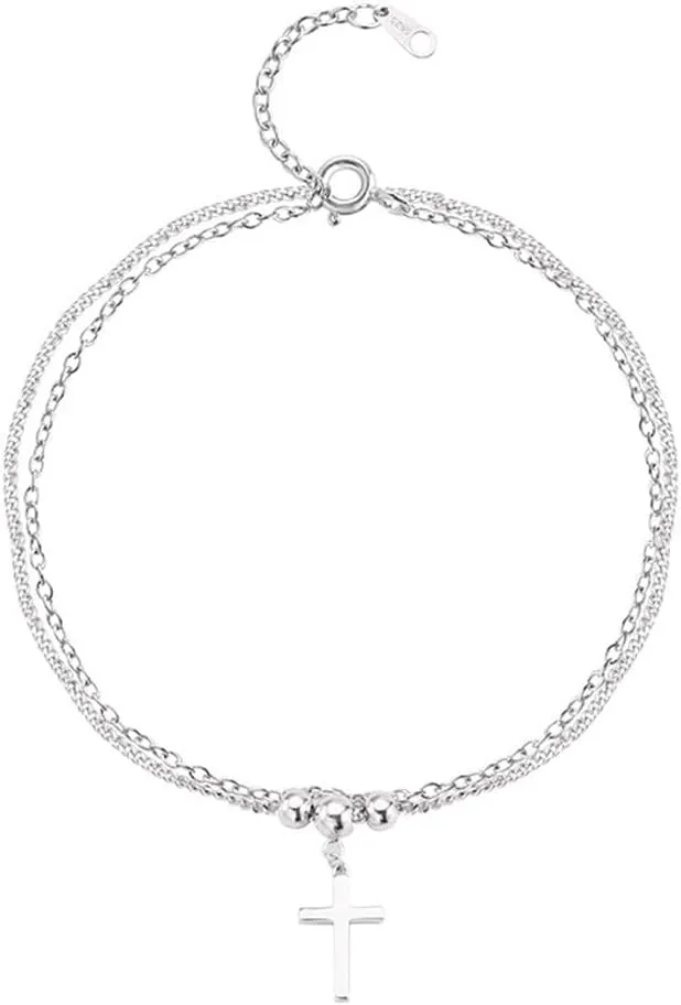 S925 Sterling Silver Cross Anklet for Women Simple Geometry Dangle Double Layered Ankle Adjustable Statement Foot Chains Link Dainty Jewelry