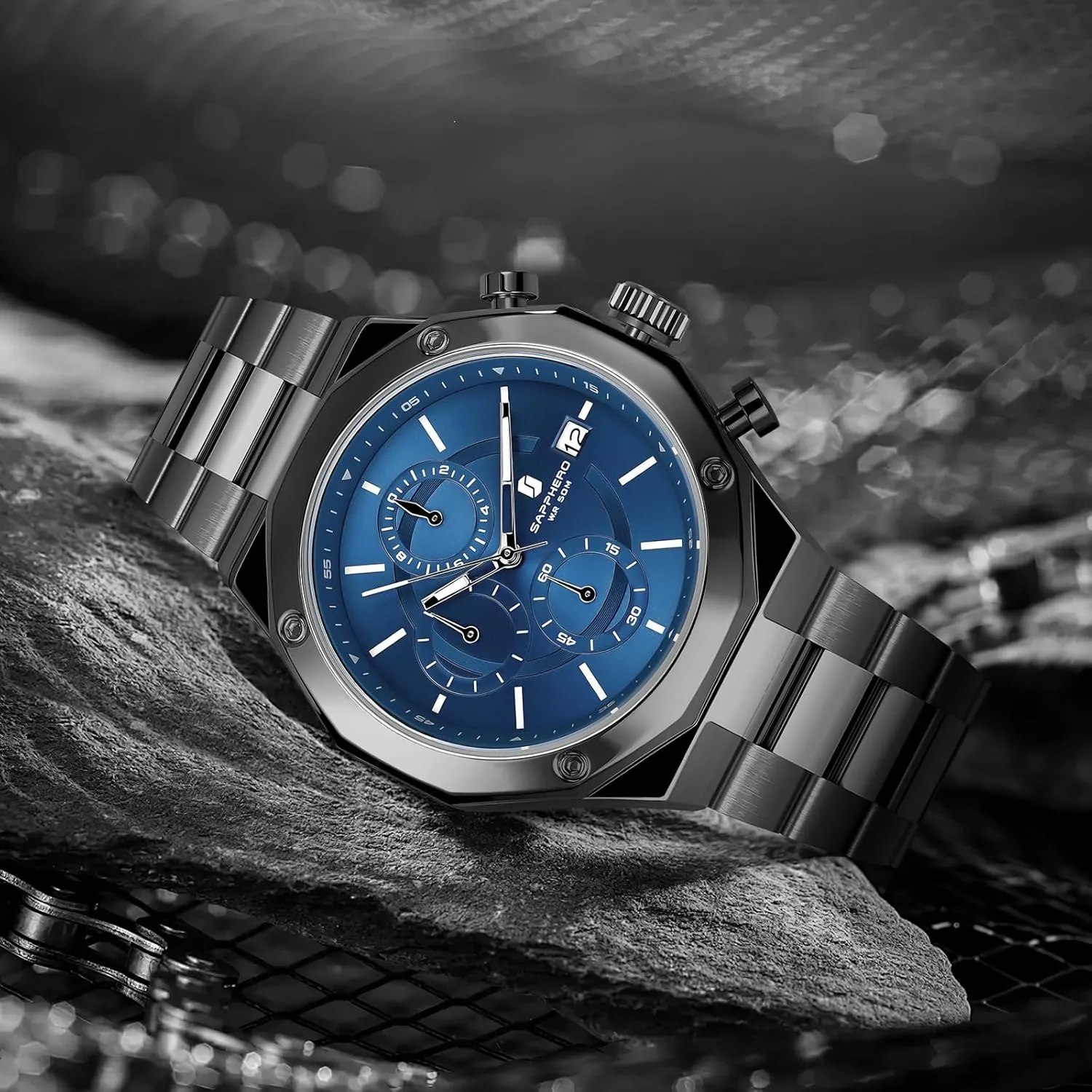 SAPPHERO Men's Wrist Watches Octagonal Stainless Steel Quartz Watch for Men 50M Waterproof Analog Movement with Date Elegant Mens Gift