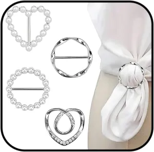 Scarf Ring Clip for Women 4PCS T-Shirt Clips Metal Round T-Shirt Tie Ring Rhinestone Pearl Tshirt Clips Buckle Clothing Ring Wrap Holder