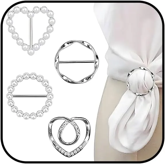 Scarf Ring Clip for Women 4PCS T-Shirt Clips Metal Round T-Shirt Tie Ring Rhinestone Pearl Tshirt Clips Buckle Clothing Ring Wrap Holder