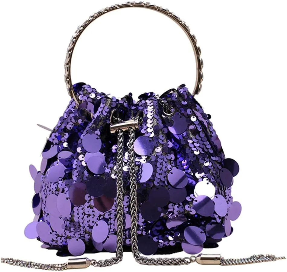 Sequin Bucket Bag for Women Wedding Evening Clutch Purse Glitter Y2K Small Tassel Shoulder Bag Sparkly Party Bags