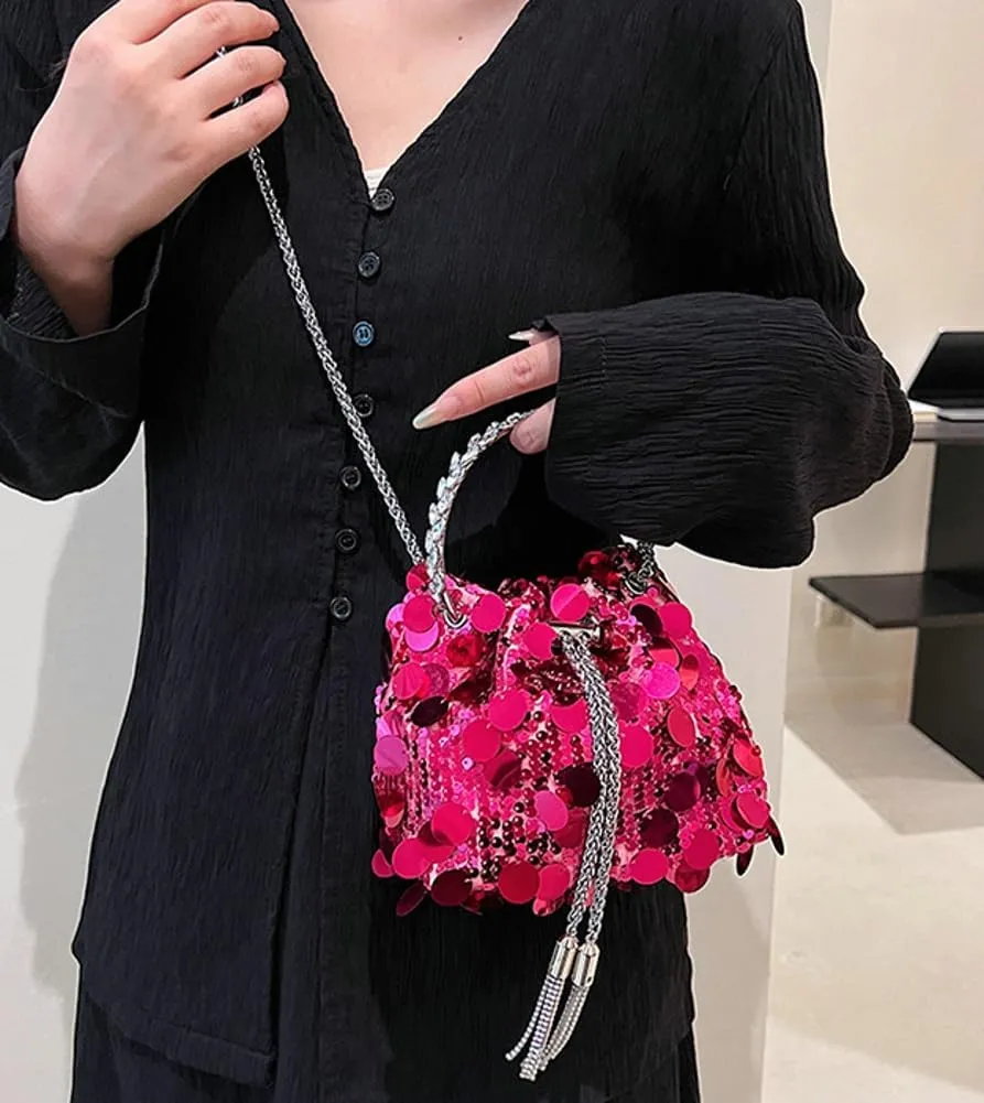 Sequin Bucket Bag for Women Wedding Evening Clutch Purse Glitter Y2K Small Tassel Shoulder Bag Sparkly Party Bags