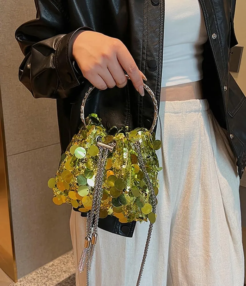 Sequin Bucket Bag for Women Wedding Evening Clutch Purse Glitter Y2K Small Tassel Shoulder Bag Sparkly Party Bags