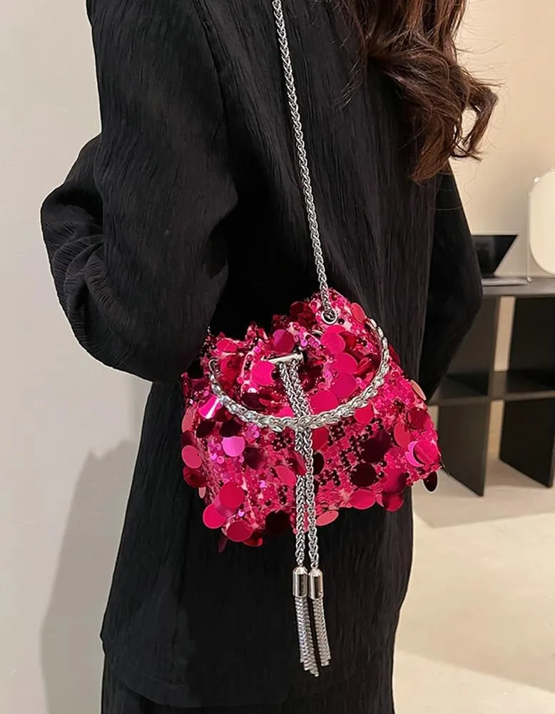 Sequin Bucket Bag for Women Wedding Evening Clutch Purse Glitter Y2K Small Tassel Shoulder Bag Sparkly Party Bags