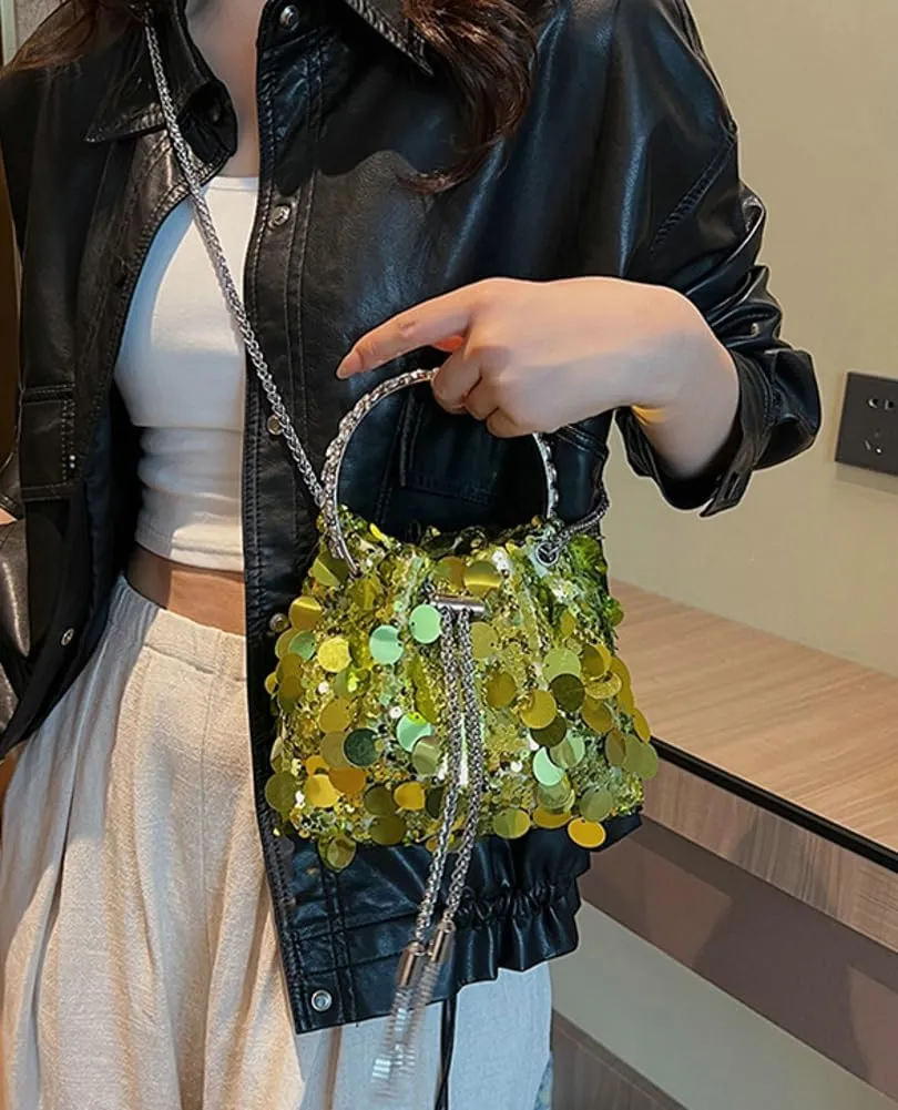 Sequin Bucket Bag for Women Wedding Evening Clutch Purse Glitter Y2K Small Tassel Shoulder Bag Sparkly Party Bags