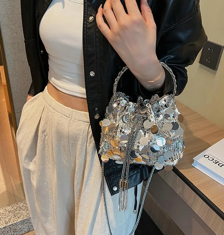 Sequin Bucket Bag for Women Wedding Evening Clutch Purse Glitter Y2K Small Tassel Shoulder Bag Sparkly Party Bags