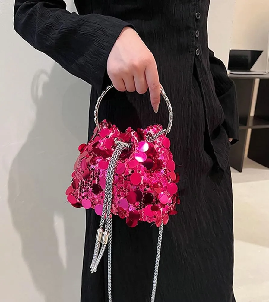 Sequin Bucket Bag for Women Wedding Evening Clutch Purse Glitter Y2K Small Tassel Shoulder Bag Sparkly Party Bags