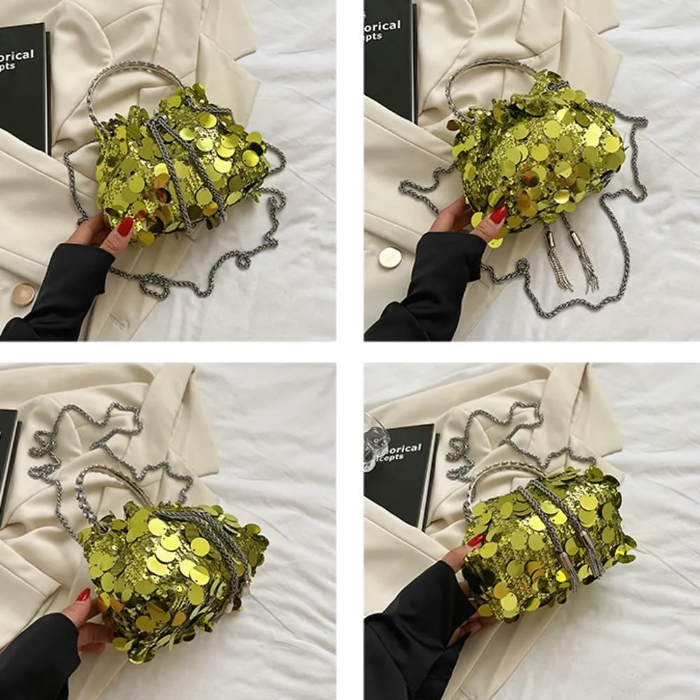 Sequin Bucket Bag for Women Wedding Evening Clutch Purse Glitter Y2K Small Tassel Shoulder Bag Sparkly Party Bags