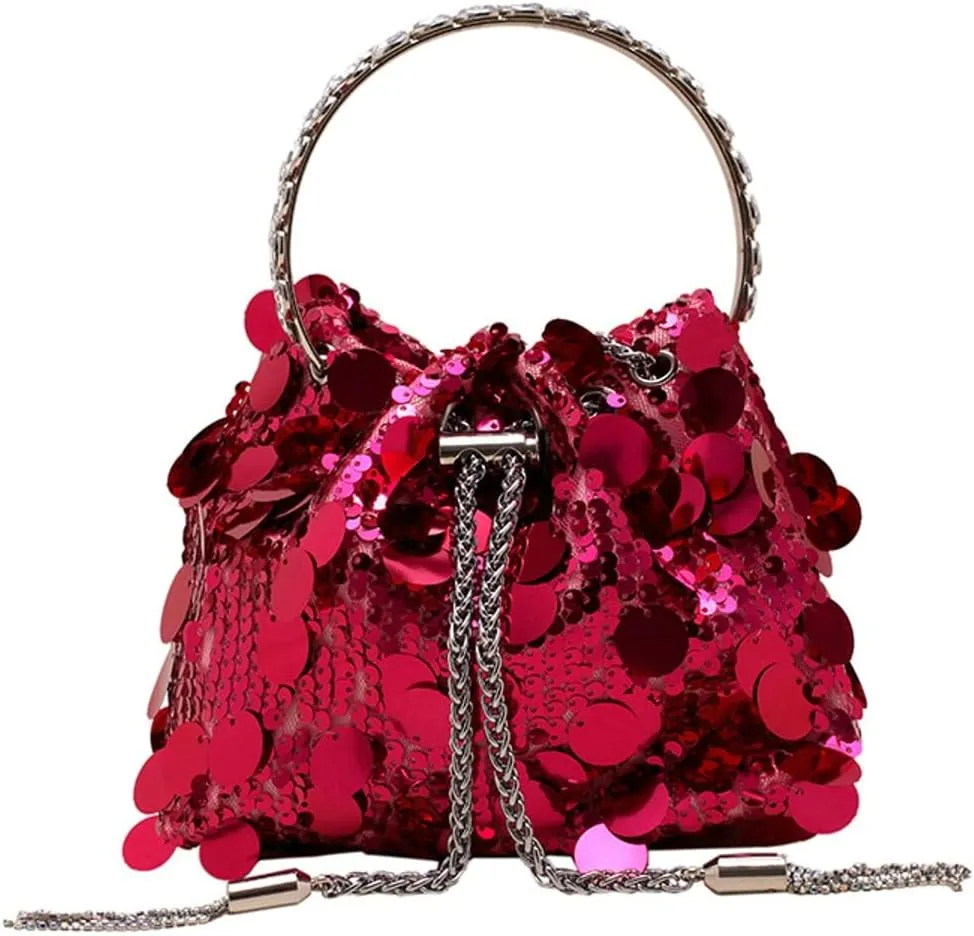 Sequin Bucket Bag for Women Wedding Evening Clutch Purse Glitter Y2K Small Tassel Shoulder Bag Sparkly Party Bags