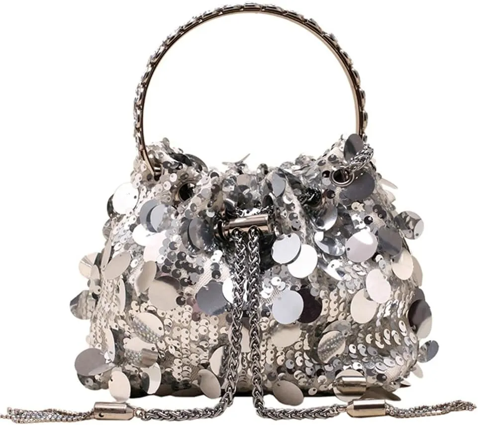 Sequin Bucket Bag for Women Wedding Evening Clutch Purse Glitter Y2K Small Tassel Shoulder Bag Sparkly Party Bags