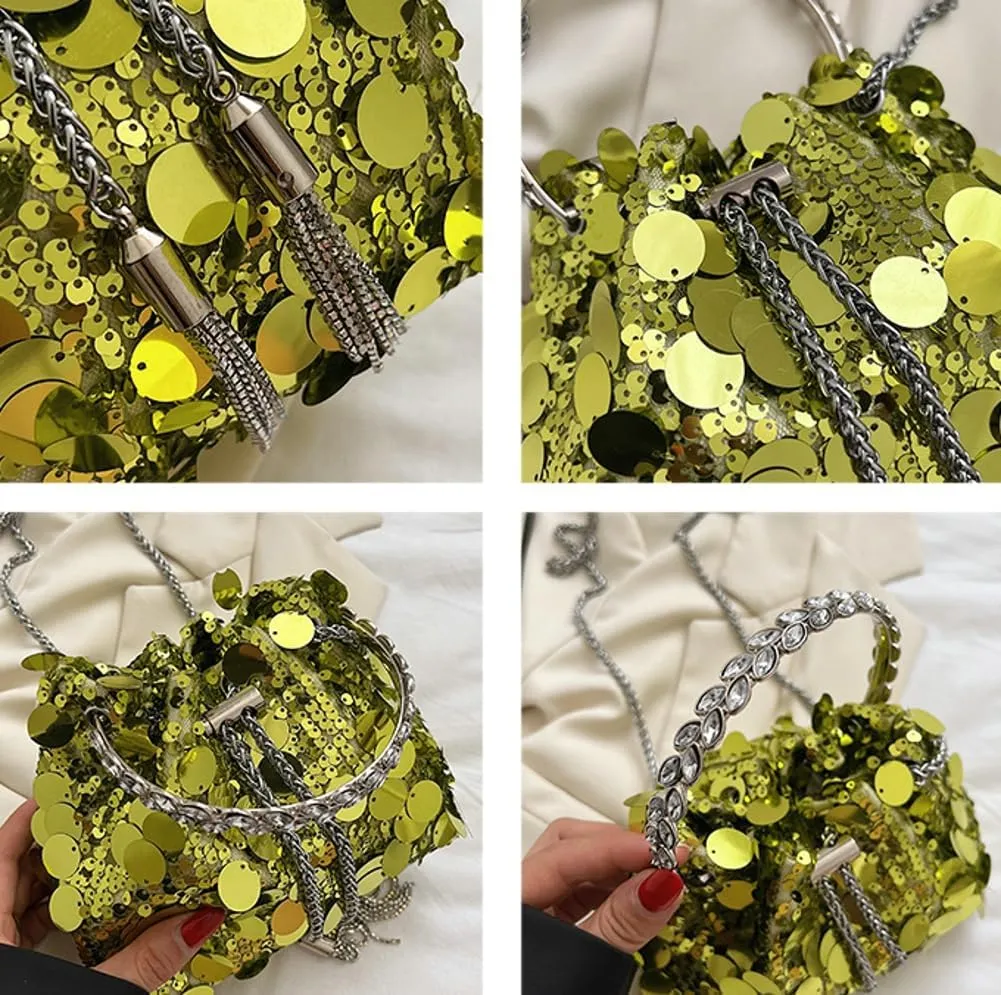 Sequin Bucket Bag for Women Wedding Evening Clutch Purse Glitter Y2K Small Tassel Shoulder Bag Sparkly Party Bags