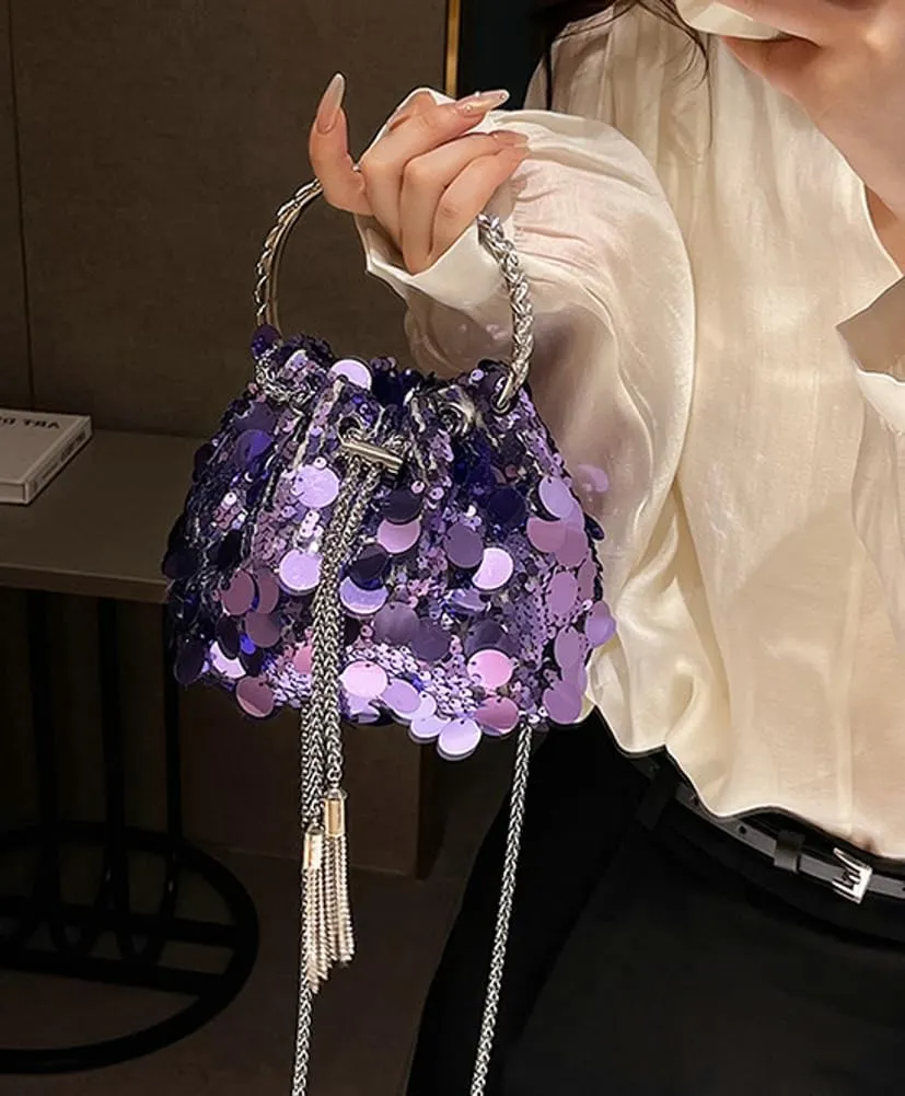 Sequin Bucket Bag for Women Wedding Evening Clutch Purse Glitter Y2K Small Tassel Shoulder Bag Sparkly Party Bags