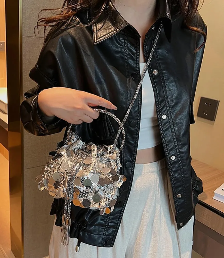 Sequin Bucket Bag for Women Wedding Evening Clutch Purse Glitter Y2K Small Tassel Shoulder Bag Sparkly Party Bags