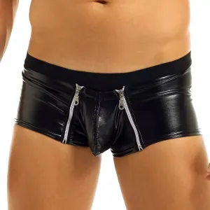 Sexy Faux Leather Boxer Briefs for Men Zipper Front Soft Underwear Bulge Pouch Panties Breathable Exotic Lingerie