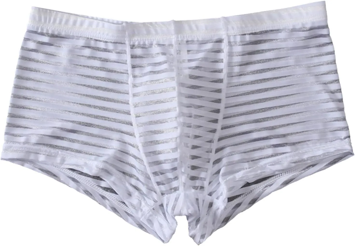 Sexy Stripe Sheer Mesh Lace Boxer Briefs for Men Mid-Waist Underwear Seamless Breathable Boyshort Bulge Pouch Panties White
