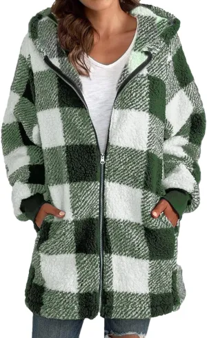 Shackets for Women 2024 Fall Zip Up Fuzzy Flannel Plaid Jacket Plus Size Casual Warm Winter Fleece Long Hoodie