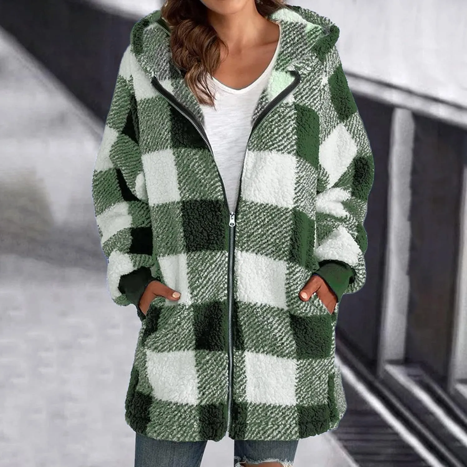 Shackets for Women 2024 Fall Zip Up Fuzzy Flannel Plaid Jacket Plus Size Casual Warm Winter Fleece Long Hoodie