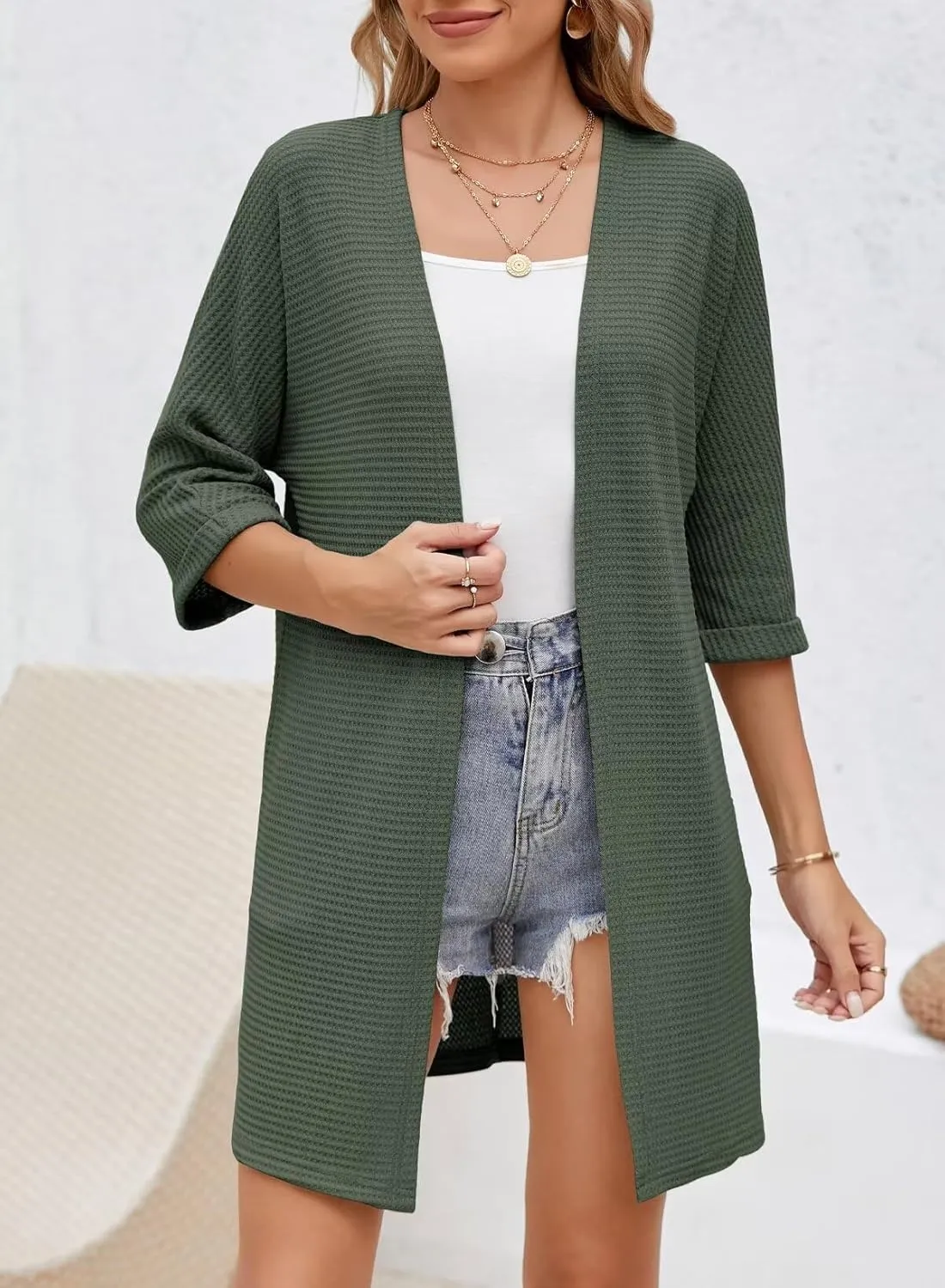 SHEWIN Women's Cardigans Casual 3/4 Short Sleeve Open Front Waffle Knit Lightweight Kimonos Cardigan Sweaters for Women