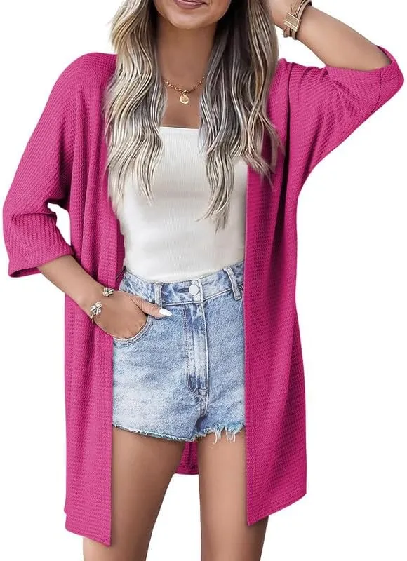 SHEWIN Women's Cardigans Casual 3/4 Short Sleeve Open Front Waffle Knit Lightweight Kimonos Cardigan Sweaters for Women