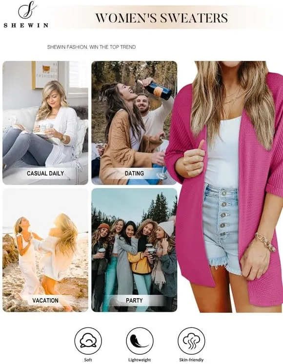 SHEWIN Women's Cardigans Casual 3/4 Short Sleeve Open Front Waffle Knit Lightweight Kimonos Cardigan Sweaters for Women