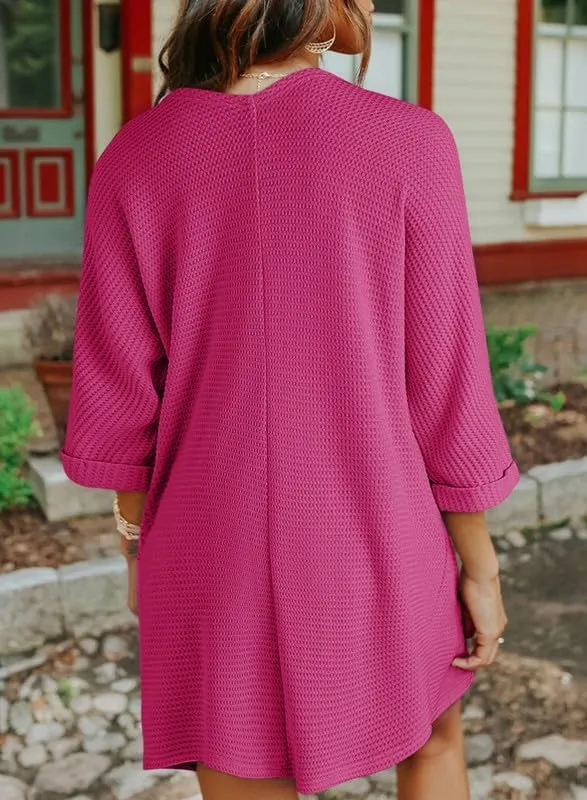 SHEWIN Women's Cardigans Casual 3/4 Short Sleeve Open Front Waffle Knit Lightweight Kimonos Cardigan Sweaters for Women