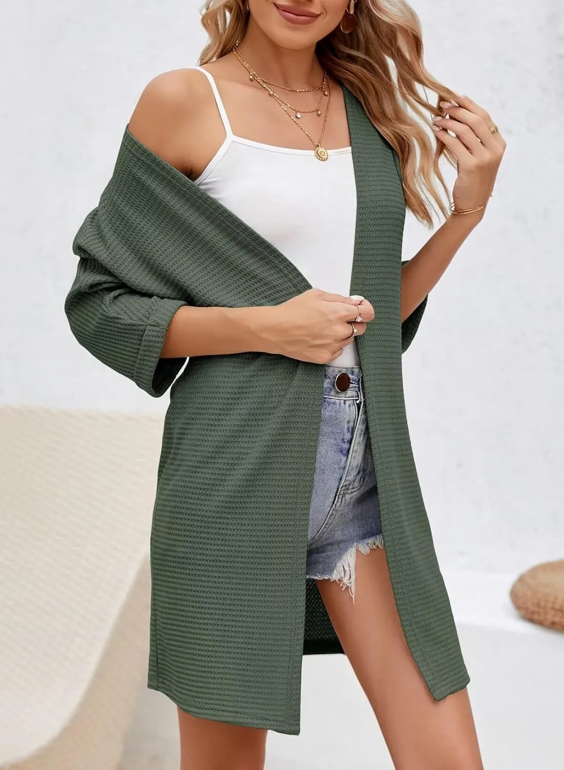 SHEWIN Women's Cardigans Casual 3/4 Short Sleeve Open Front Waffle Knit Lightweight Kimonos Cardigan Sweaters for Women
