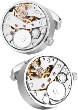Silver Movable Watch Mechanism Cufflinks, Unique Gear Design, Round Stainless Steel, Stylish Mens Accessory