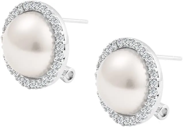 Silver Plated Brass CZ Halo 12mm Simulated Pearl Stud Earrings with English Lock