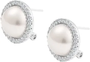 Silver Plated Brass CZ Halo 12mm Simulated Pearl Stud Earrings with English Lock