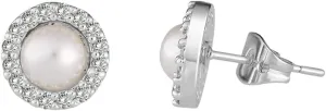 Silver Plated Brass CZ Halo Simulated Pearl Stud Earrings