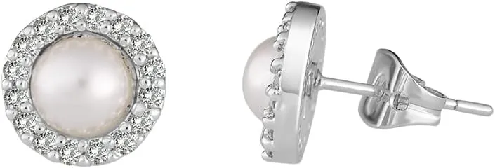 Silver Plated Brass CZ Halo Simulated Pearl Stud Earrings