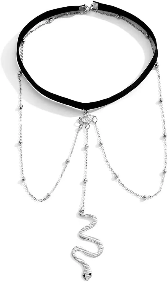 Silver Snake Thigh Chain Jewelry Summer Beach Black Layered Elastic Bead Leg Chain Boho Alloy Serpent Sexy Charm Body Lace Garter Set for Women Rave Bikini Party Prom Club Outfit Accessories
