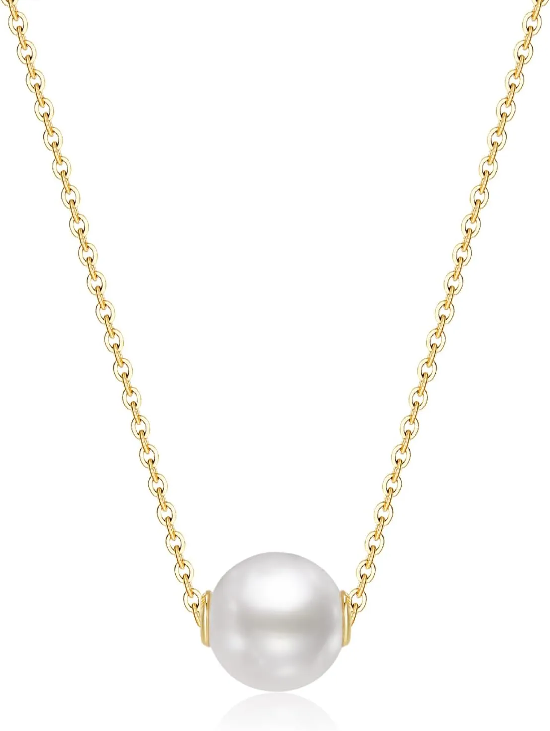 Single Pearl Necklace Pendant, 8mm Simulated Shell Pearl, Silver Necklace, Gold Necklaces for Women, 10X Gold Plated, 15"/18" with 3 Inch Extender, Ideal Gifts for Women, Christmas Gifts