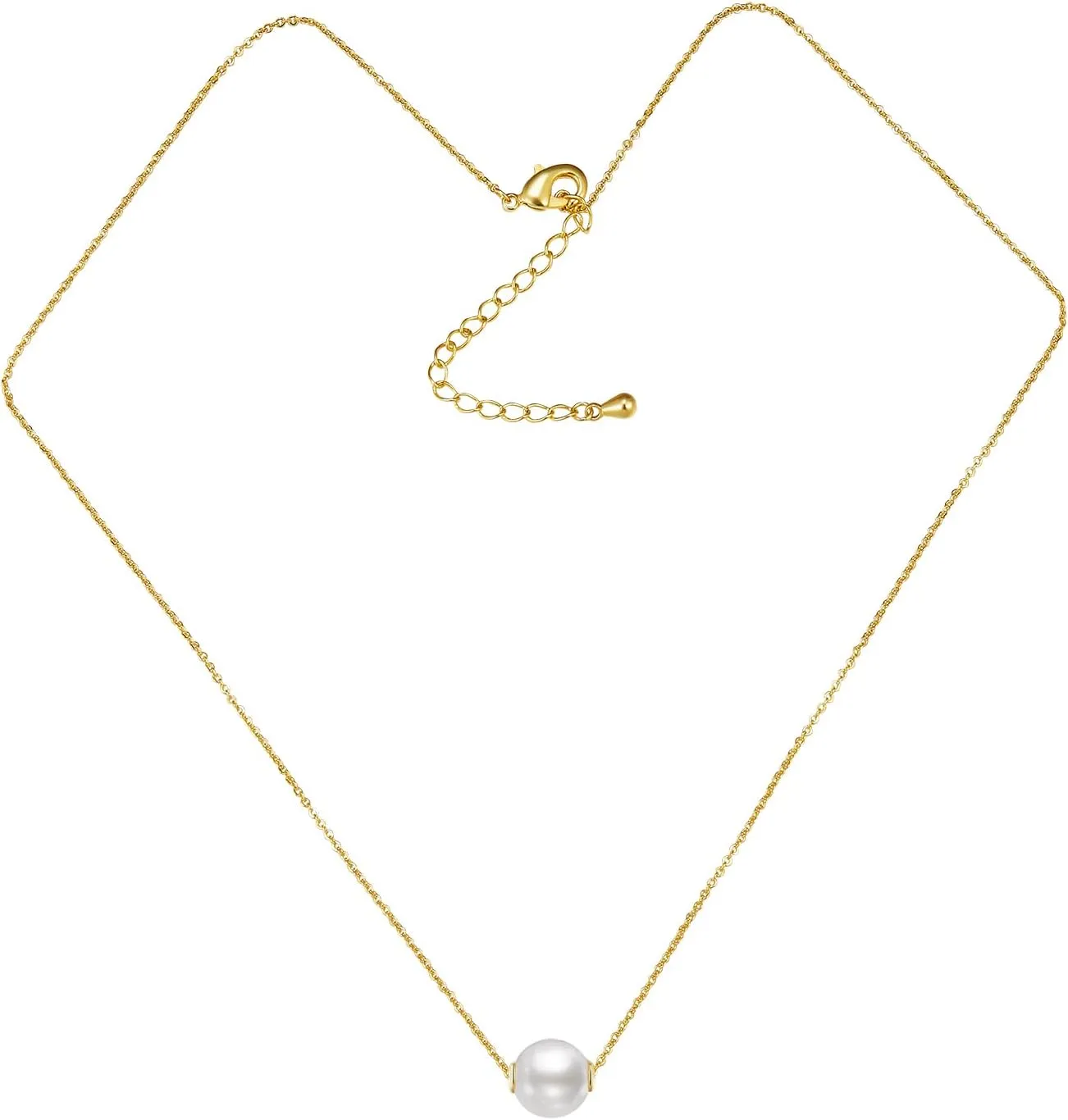 Single Pearl Necklace Pendant, 8mm Simulated Shell Pearl, Silver Necklace, Gold Necklaces for Women, 10X Gold Plated, 15"/18" with 3 Inch Extender, Ideal Gifts for Women, Christmas Gifts