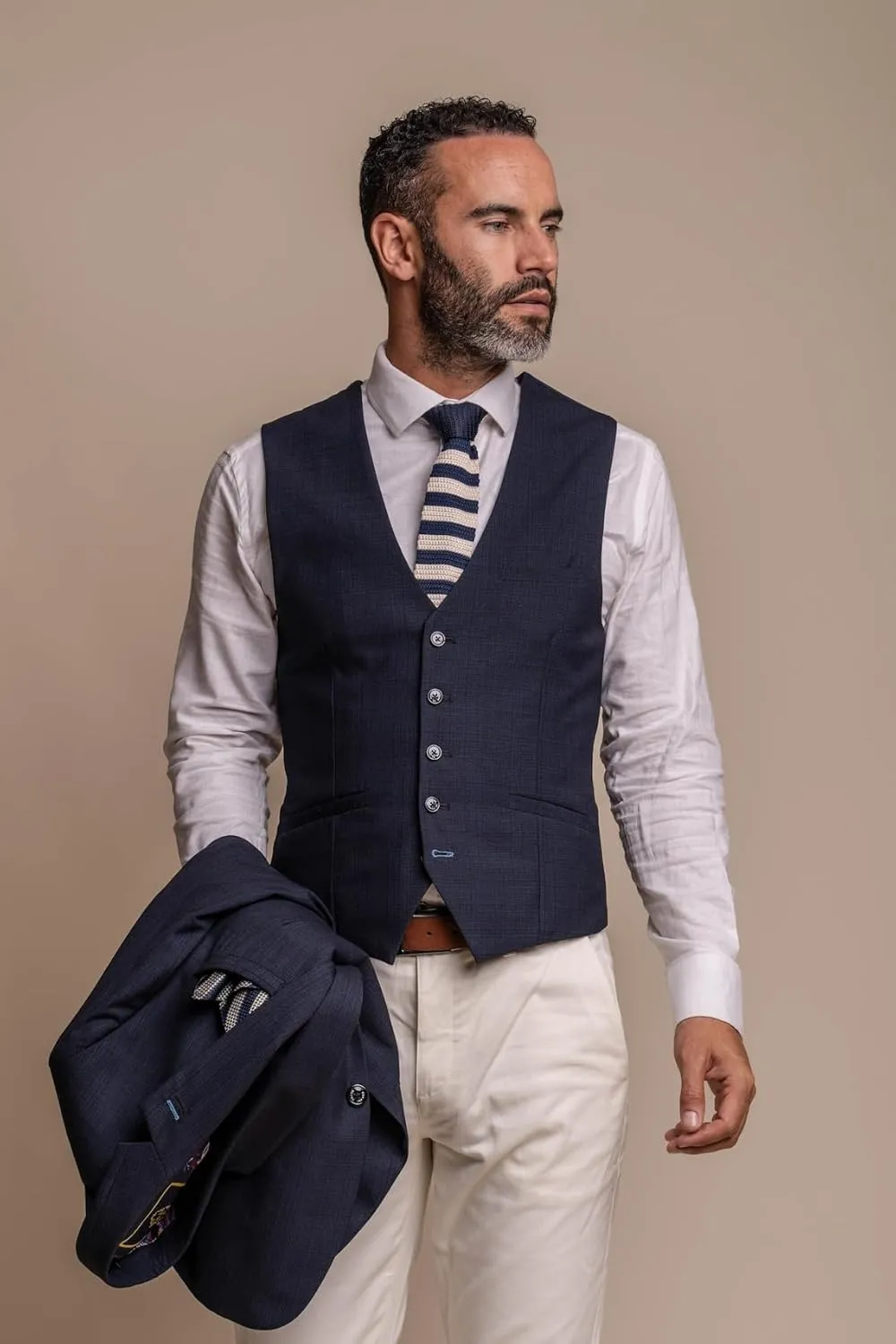 SIRRI Elegant Men's Navy Slim Fit Suit 3-Piece with Beige Ecru Chinos - Versatile Business Attire for Every Occasion