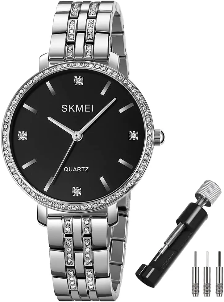 SKMEI Watches for Women Simple Diamond Stainless Luxury Fashion Big Face Classic Business Dress Analog Waterproof Wife Girls Gifts Ladies Female Gold Wrist Watch