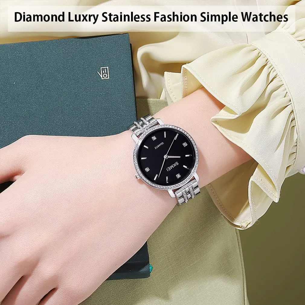 SKMEI Watches for Women Simple Diamond Stainless Luxury Fashion Big Face Classic Business Dress Analog Waterproof Wife Girls Gifts Ladies Female Gold Wrist Watch