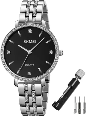 SKMEI Watches for Women Simple Diamond Stainless Luxury Fashion Big Face Classic Business Dress Analog Waterproof Wife Girls Gifts Ladies Female Gold Wrist Watch