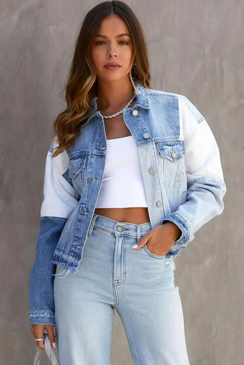 Sky Blue Color Block Denim Patchwork Frayed Hem Jacket