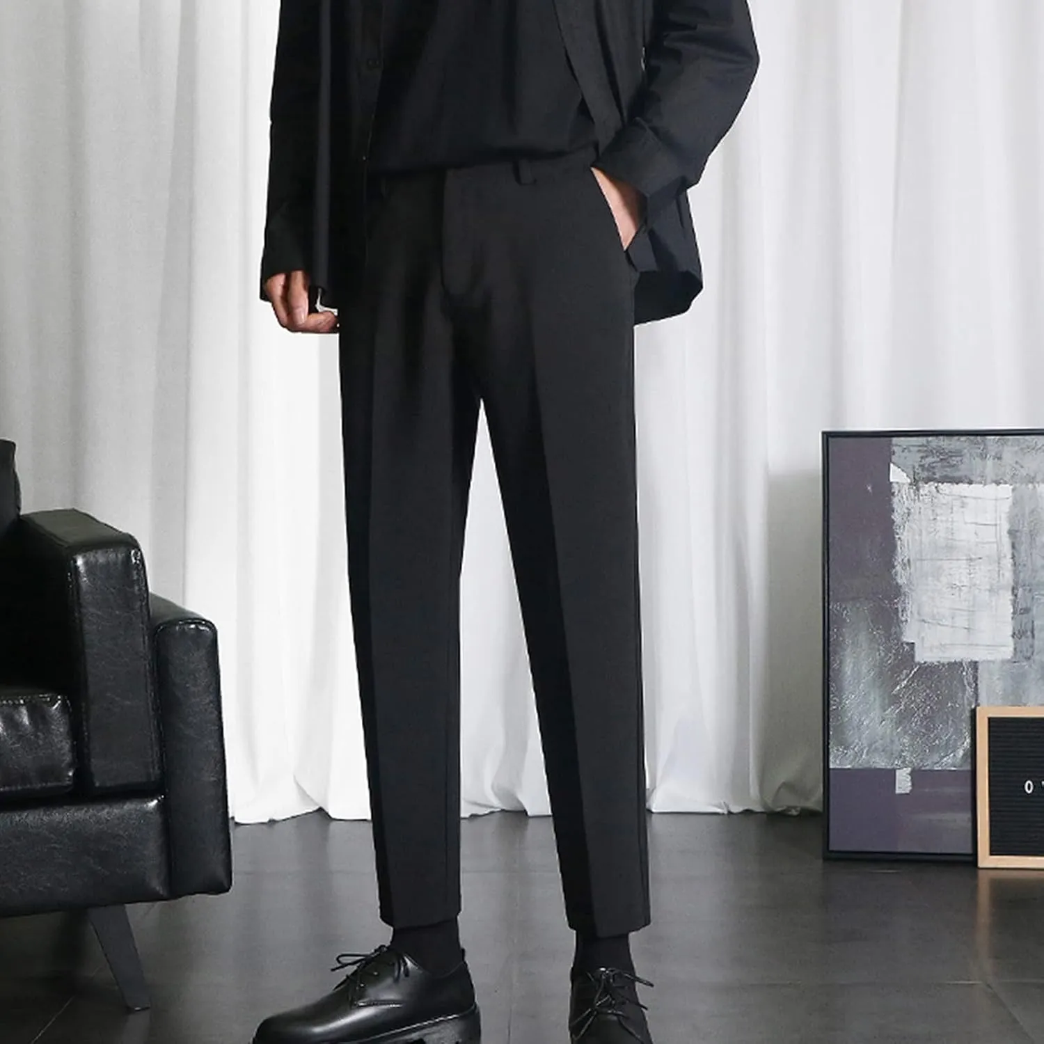 Slim Fit Trousers Men Dress Pants Business Formal Work Bottoms Classic Style Stretch Waist Comfortable Office Wear