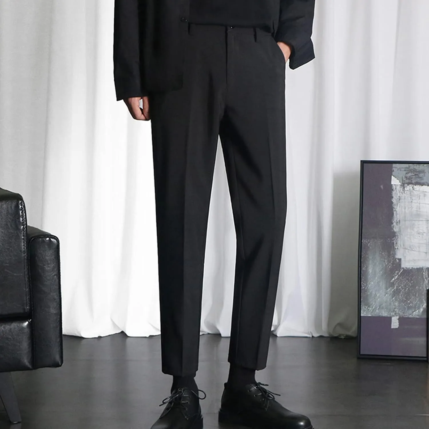 Slim Fit Trousers Men Dress Pants Business Formal Work Bottoms Classic Style Stretch Waist Comfortable Office Wear