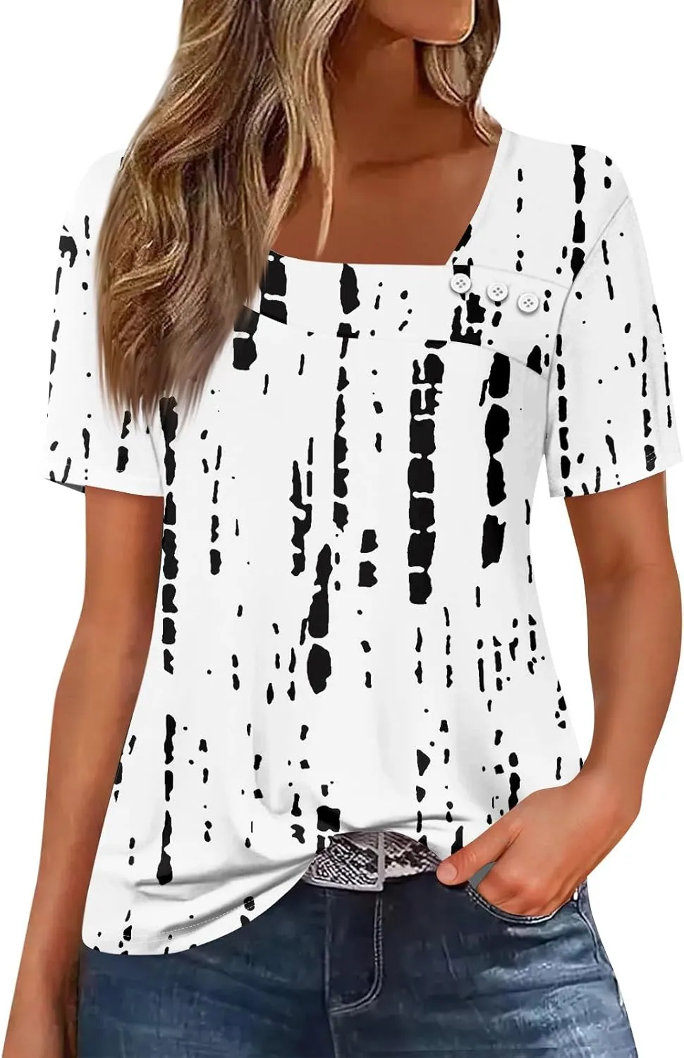 slqdgmryz Short Sleeve Shirts for Women Trendy Asymmetrical Neck Button Cute Summer Tops Casual Vintage Graphic Tees Blouses